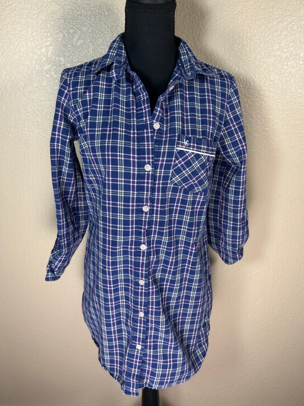 Victorias Secret Sleep Shirt Womens Blue White Plaid Button Long Sleeve Cotton L